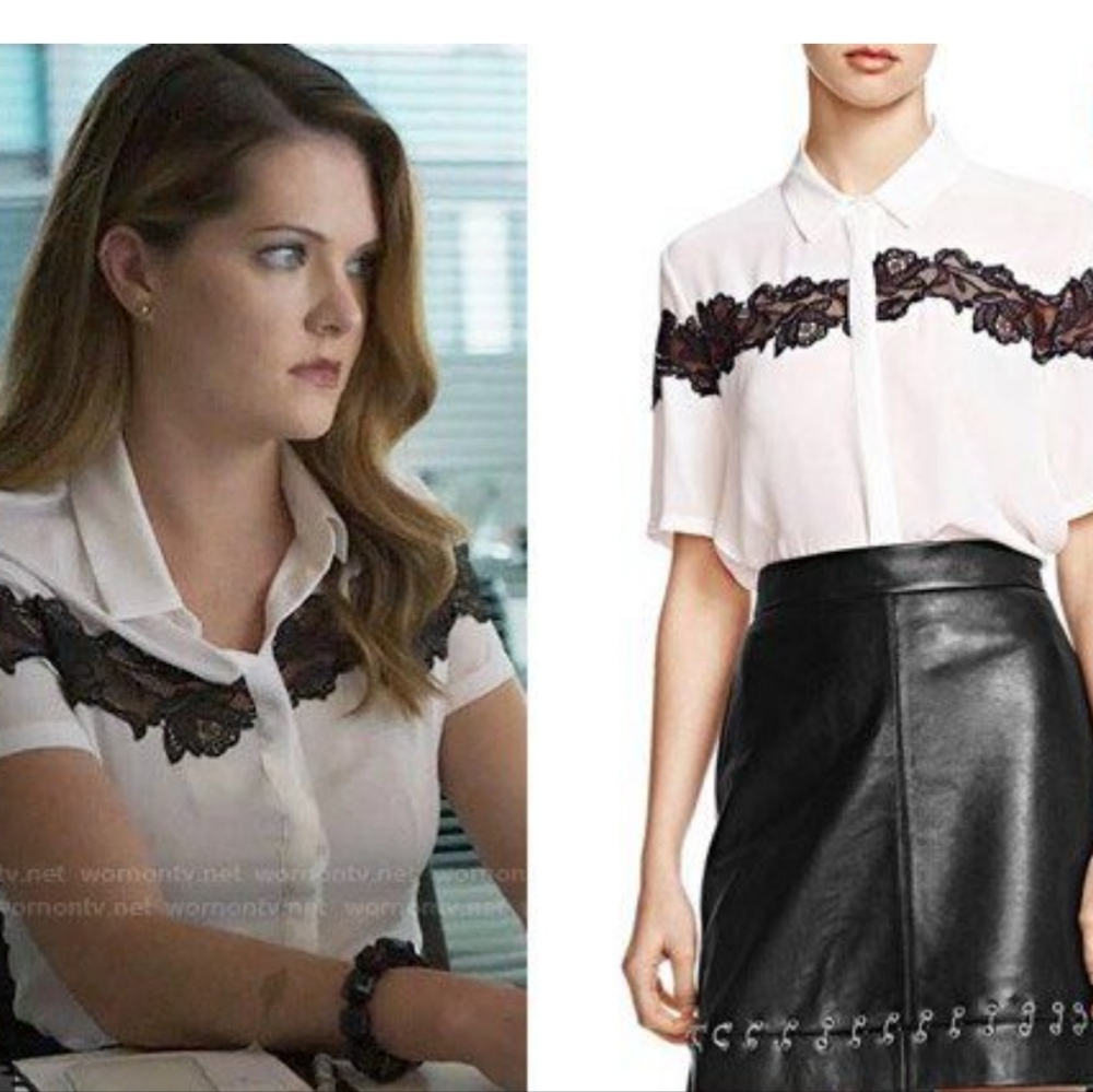 The Kooples Sutton Elegant White and Black Lace Insert Crepe Women's Top Bold - Picture 12 of 12